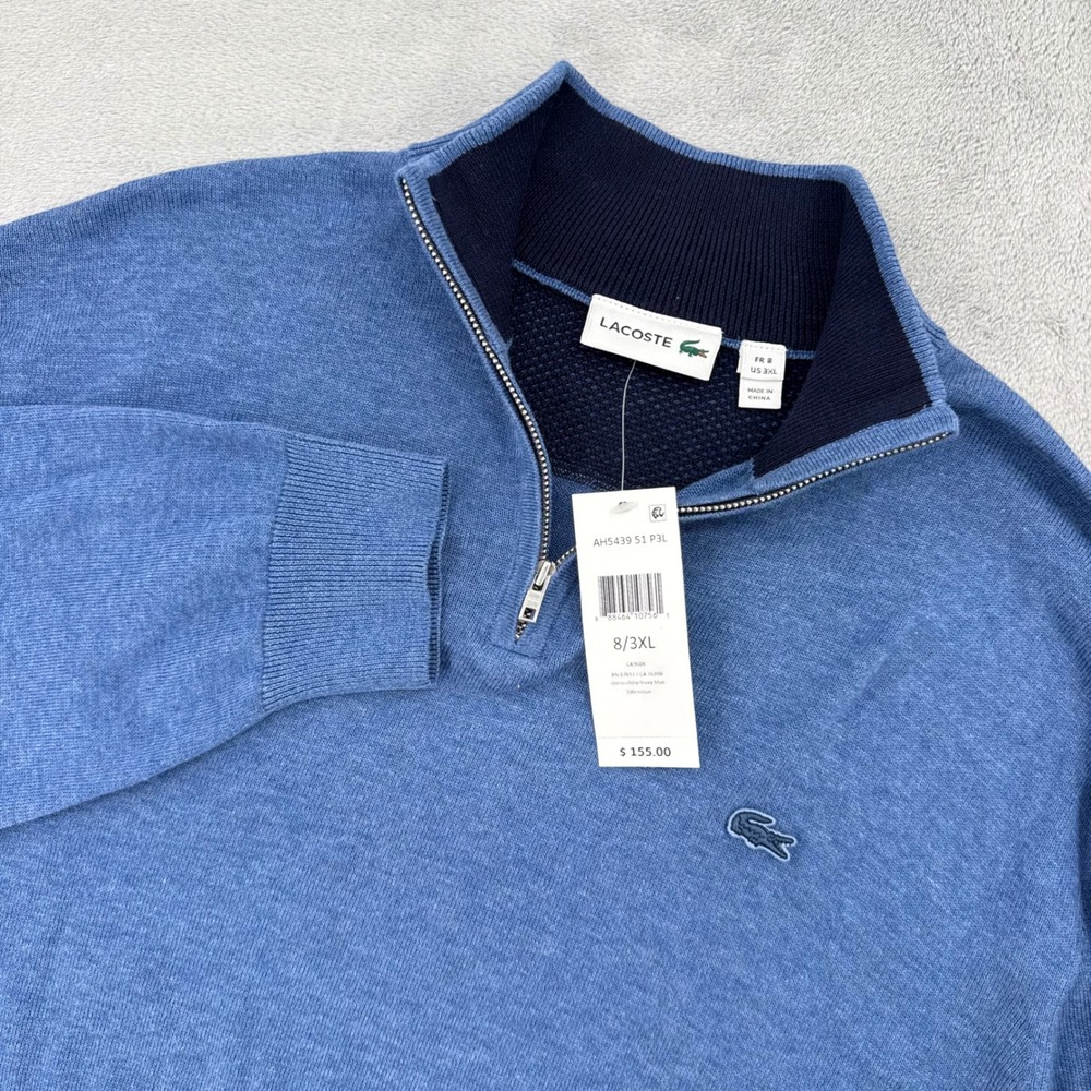 Lacoste Quarter Zip Pullover Sweater Mens 3XL Stormi Chine Navy Blue Cotton NEW
